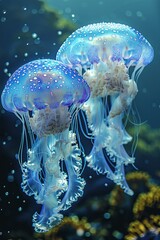a group of jellyfish swimming in water
