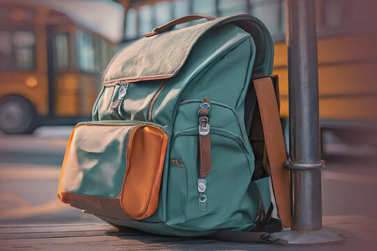 Closeup of Partially opened Backpack with laptop Poking out of it at a School bus Stop