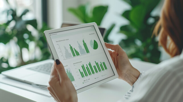 Business and Financial Concept, Businesswoman Holding Tablet with Data Charts, Woman Studying Infographics, Financial Analysis and Business Research Idea.