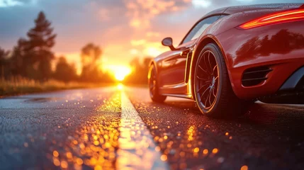 Foto op Plexiglas   A red sports car sits beside the road as the sun sets in the background © Viktor