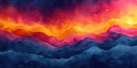 Vibrant Multi-Colored Terrain Under A Starry Sky Depicted In Digital Artwork - obrazy, fototapety, plakaty