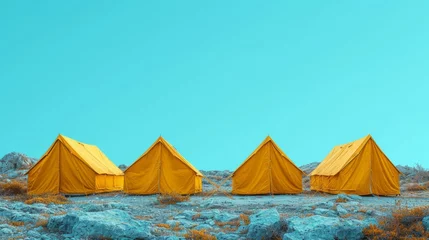 Keuken spatwand met foto   Yellow tents line dry grass field beneath blue-green sky © Viktor