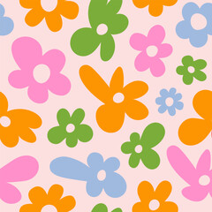 Abstract floral seamless pattern with cute colorful groovy flowers. Vector illustration	