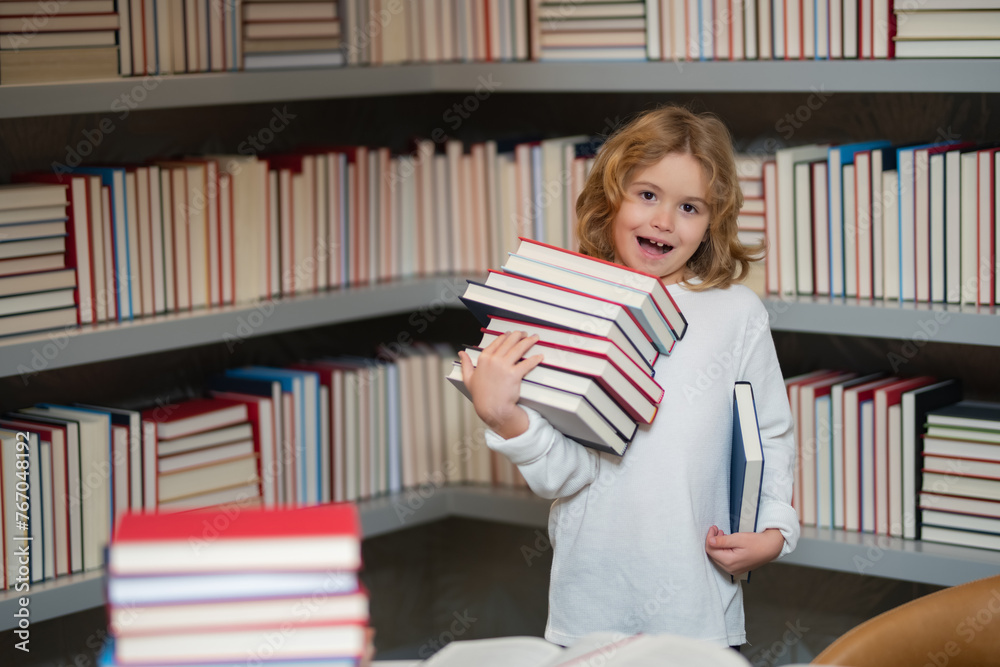Poster Little student read book. Child at school. Schoolboy reading book in library. Kids development. Pupil learn to read. Child from elementary school read books in a book store.