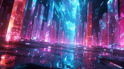 Futuristic Cyberpunk Cityscape Illuminated by Neon Lights at Night
