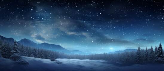A natural landscape featuring a snowy terrain with mountains silhouetted against the night sky filled with twinkling stars