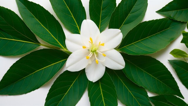 Arabian jasmine flower and leaves isolated on white background