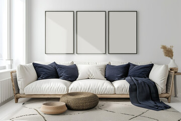 Mock up of a poster set on a white wall over a sofa with navy blue cushions. Wall art mockup set of 3 frames in a modern living room.