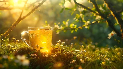 Schilderijen op glas A transparent cup holding a radiant yellow drink, set amidst a lush green landscape, under the midday sun. © Prasanth