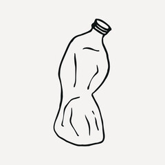 Doodle of crumpled plastic bottle ready for recycling, line drawing. vector