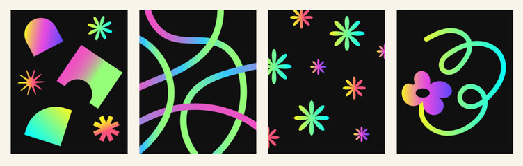 Obraz premium Set of abstract poster with geometric gradient shapes. Brutalism background with doodle acid lines. Playful naive black background with figure in 90s style