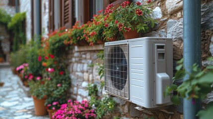   A white air conditioner sits beside a building with an array of colorful flowers and lush greenery