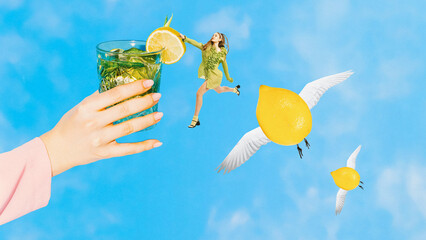 Poster. Contemporary art collage. Hand holding drink with dancing woman and flying lemons with wings against blue sky background. Concept of party, fun, nightclub, Friday mood, dance, retro. Ad