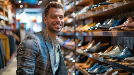 Customer is choosing shoes in the footwear store - obrazy, fototapety, plakaty
