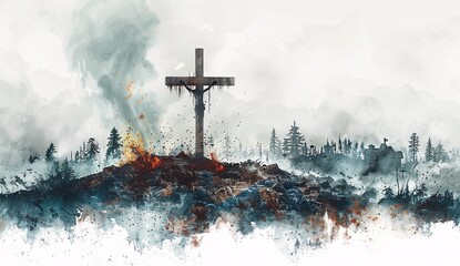 a cross on a hill with smoke and trees - obrazy, fototapety, plakaty