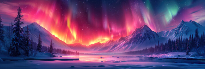 Northern lights on a snowy picturesque landscape - an opportunity to enjoy unique nature. Snowy picturesque landscape. Banner.