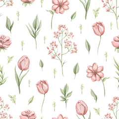 Seamless pattern with vintage various red pink flowers and leaves set isolated on white background. Watercolor hand drawn illustration sketch