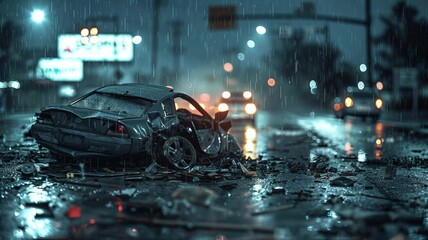 Dramatic nighttime car accident scene with scattered street debris in rain - obrazy, fototapety, plakaty