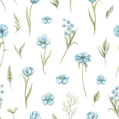 Seamless pattern with vintage various blue flowers and leaves set isolated on white background. Watercolor hand drawn illustration sketch © Mimomy