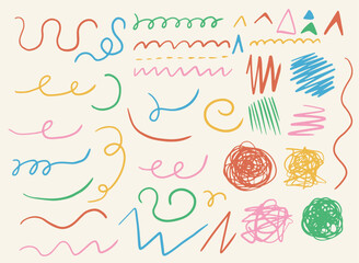 Set of doodle abstract wavy line and circle. Playful scribble and squiggle. Lines hand drawn paint brush stroke. Vector illustration