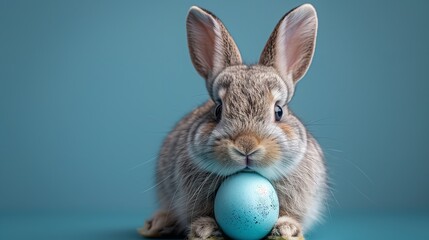 Fototapeta na wymiar Easter bunny rabbit on a blue backdrop holding an egg painted in blue. Generative Ai