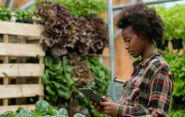 A african american woman farmer carefully examines plants growing on a vertical rack hydroponic farm. An agricultural technician works on a tablet. Analyzes the growth and condition of seedlings.
