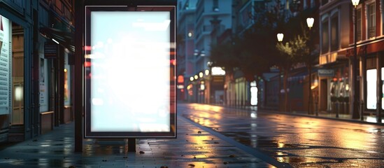 A blank illuminated billboard is positioned vertically at a bus stop along a city street at night, with buildings and a road in the background. - obrazy, fototapety, plakaty
