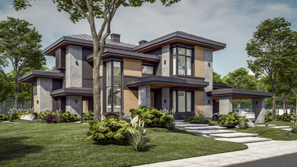 3d rendering of modern two story house with gray and wood accents daylight