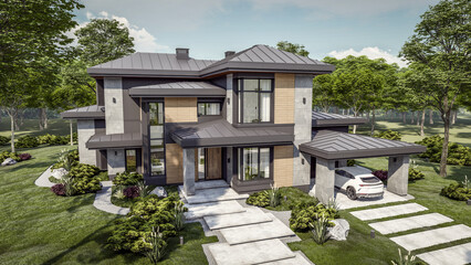 Fototapeta na wymiar 3d rendering of modern two story house with gray and wood accents daylight