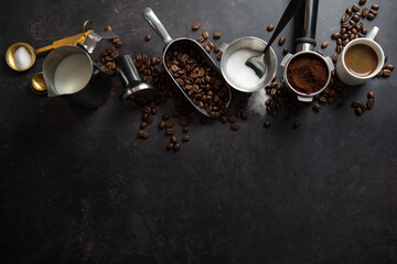 Coffee concept with coffee set on dark background - 767049559
