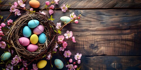 Colorful easter eggs in nest and spring blossom on wooden background - space for text 