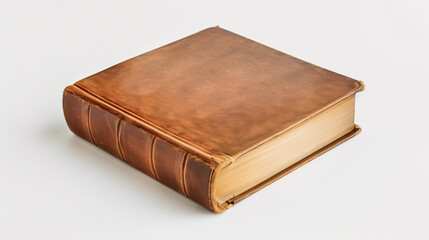 Obraz premium Mock-up of a thick book with blank brown leather cover on a plain white background. Classic old book vintage style in isometric view.