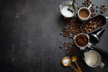 Coffee concept with coffee set on dark background