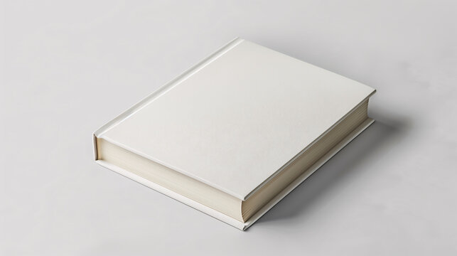 Mock-up of a book with blank white cover on a plain white background. New modern minimal book in isometric view.