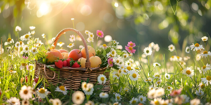 Wicker basket with wildflowers on green grass nature background
