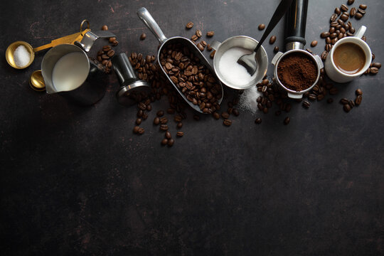 Coffee concept with coffee set on dark background