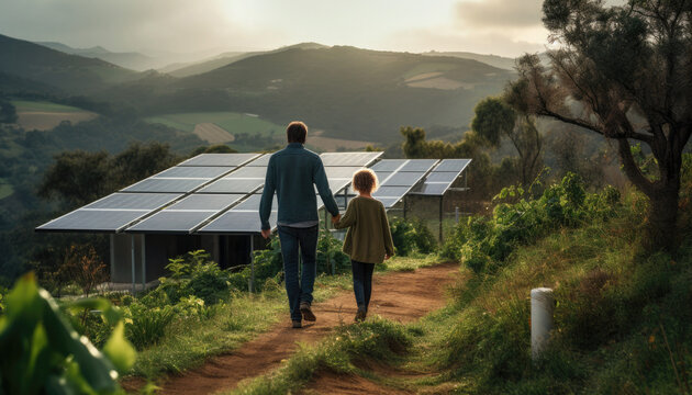 Back view image of father and daughter walking up a hill in the countryside near solar panels.