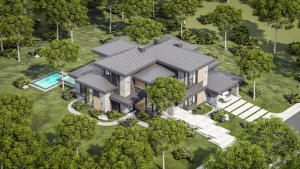 3d rendering of modern two story house with gray and wood accents daylight