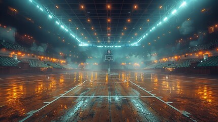 Empty stadium, basketball court, and sports field with seats for fans and flashlights. Generative Ai