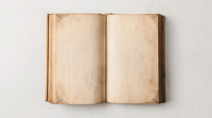 Mock-up of blank pages of an open notebook with copy-space for text on a plain white background. Classic old book style with vintage brown pages.