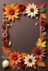 Autumn flowers and leaves yellow red brown, frame, pattern, copy space, banner.