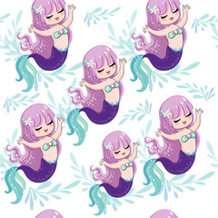Cute cartoon illustration mermaid in kawaii style on a white background seamless pattern. T-shirt art, pajamas anime girl - 767049971