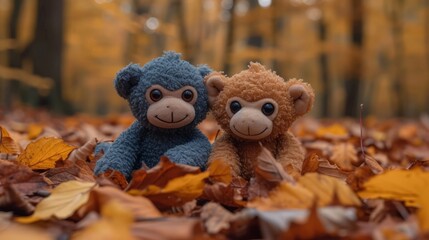   A pair of plush animals perched atop a mound of leaves nestled amidst a dense woodland landscape dotted with towering trees - obrazy, fototapety, plakaty