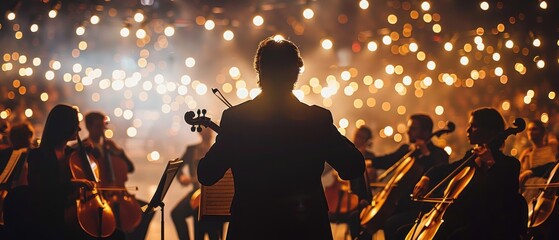 A conductor stands in front of a group of musicians playing violins. The scene is set in a large concert hall with a bright stage lighting. The conductor is the focal point of the image - obrazy, fototapety, plakaty