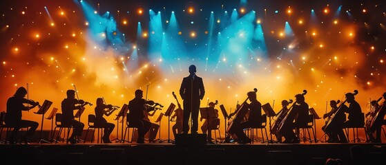 A large group of musicians are on stage, with a spotlight on a man in the center. The stage is lit up with bright lights and the musicians are dressed in black. Scene is one of excitement - obrazy, fototapety, plakaty