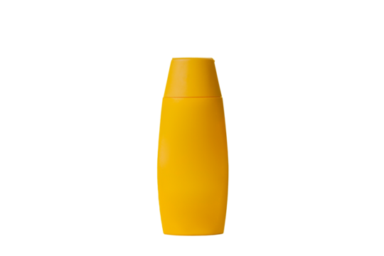 Yellow sunscreen bottle on colored background. Sunscreen concept. Skin care concept. Space for text. Mockup.