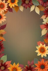 Autumn flowers and leaves yellow red brown, frame, pattern, copy space, banner.