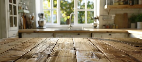 Wooden table is empty with a blurred image of a kitchen counter in the background.