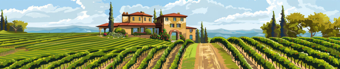 Tuscan villa amidst rolling vineyard hills under a blue sky, capturing the essence of rural Italy generative ai raster illustration. Colorful landscape wide illustration. - obrazy, fototapety, plakaty