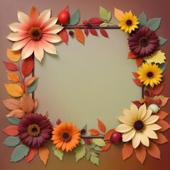 Obraz premium Autumn flowers and leaves yellow red brown, frame, pattern, copy space, banner.